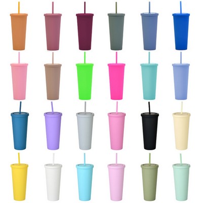 24OZ Print Double-layer Plastic Straw Coffee Tumbler